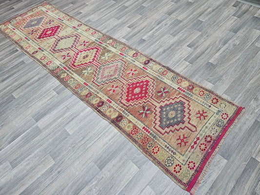 3x10 Narrow Vintage Wool Runner Rug - Herki Runner Traditional - Farmhouse Decor Hallway Runner - Muted Anatolian Runner