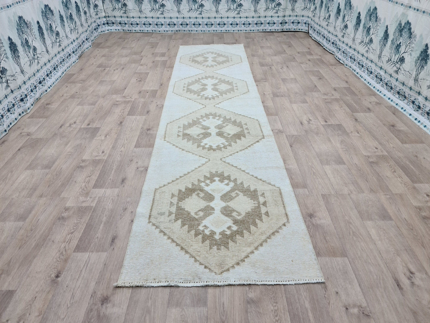 3x13 Neutral Oushak Runner Rug for Kitchen Hallway Boho Turkish Carpet