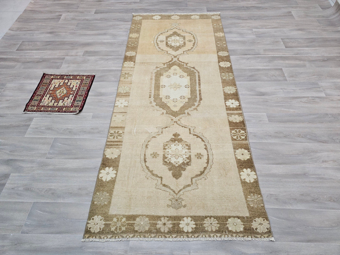 4x9 Turkish Rug Neutral - Hand Knotted Vintage Oriental Rug - Earth Tone Brown Runner - Muted Oushak Runner - Pale Runner //3.75x9 feet