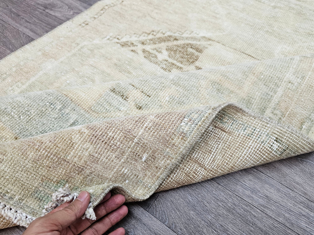 Vintage Turkish Oushak Wool Runner: Beige Brown Distressed Hallway Rug (3x11.6 ft)