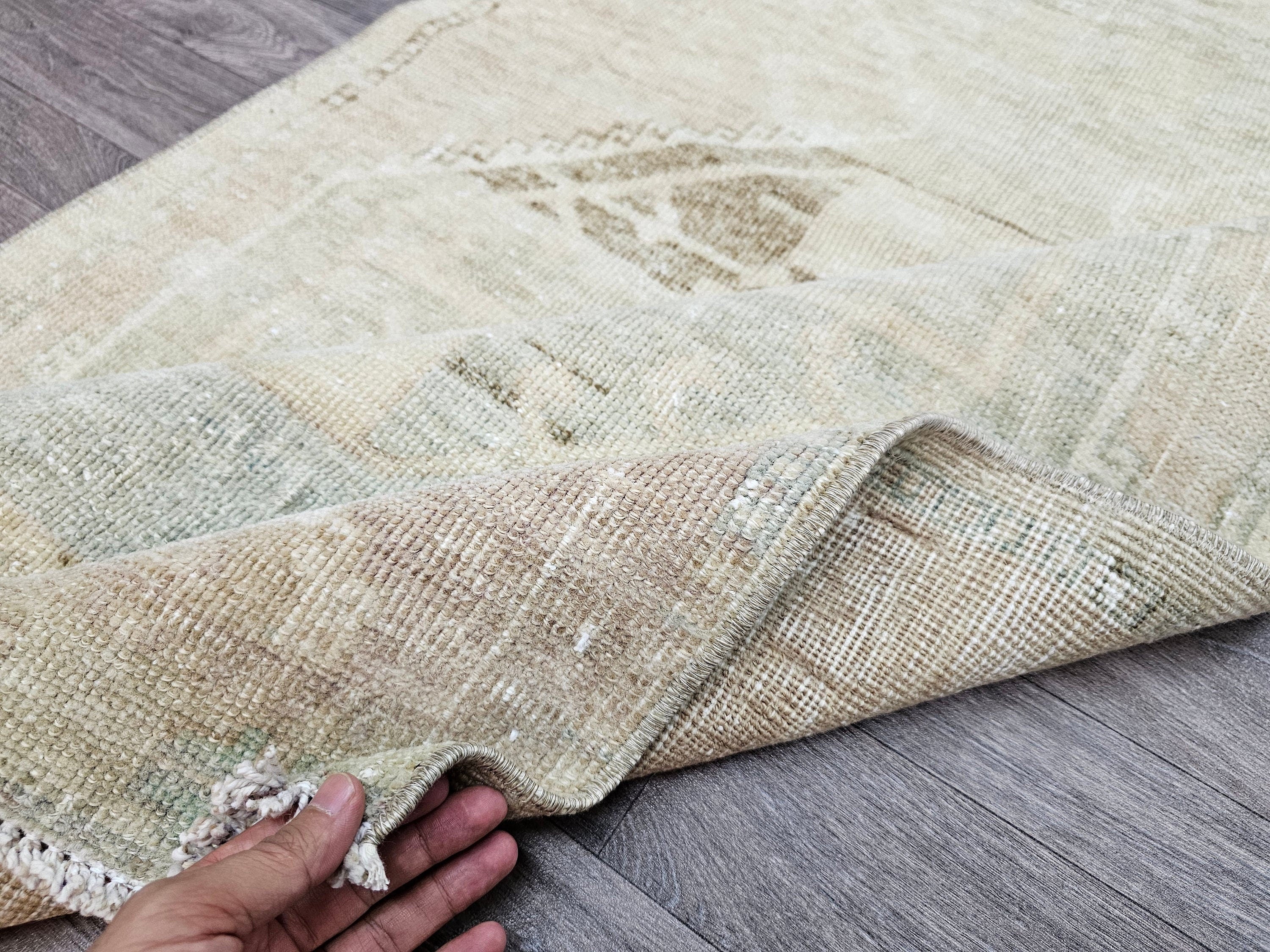 Vintage Turkish Oushak Wool Runner: Beige Brown Distressed Hallway Rug (3x11.6 ft)