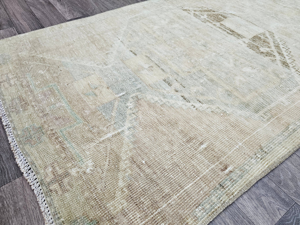 Vintage Turkish Oushak Wool Runner: Beige Brown Distressed Hallway Rug (3x11.6 ft)