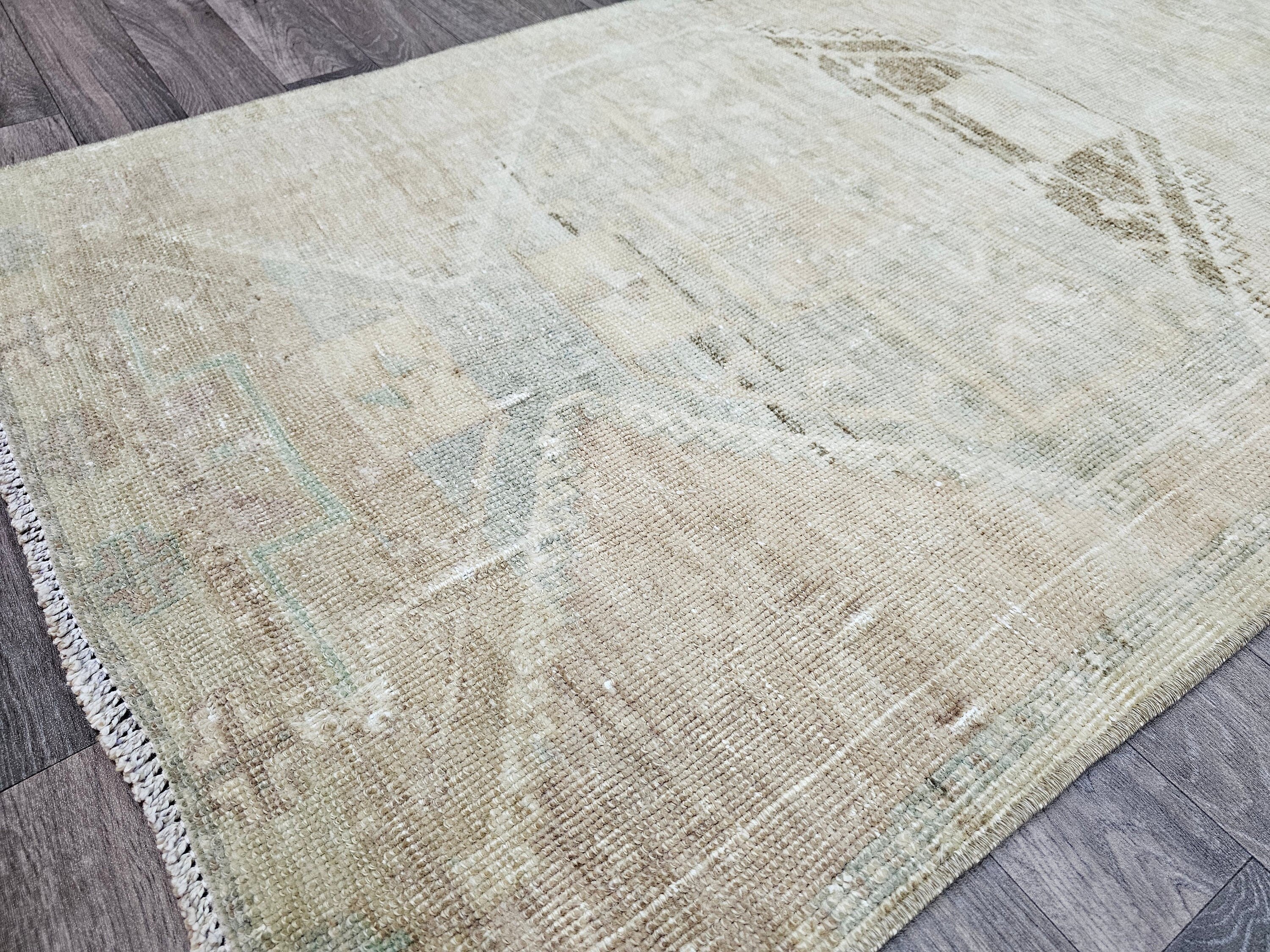 Vintage Turkish Oushak Wool Runner: Beige Brown Distressed Hallway Rug (3x11.6 ft)