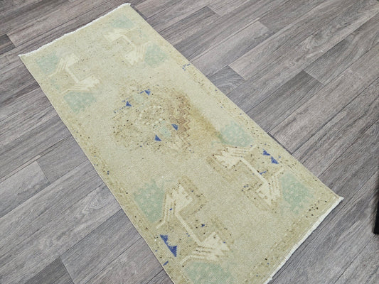 20x44 Inches Vintage Door Mat - Mini Turkish Rug, Handwoven Bath Mat, Faded Green Wool, Boho Chic Decorative Floor Mat, Unique Rustic Accent