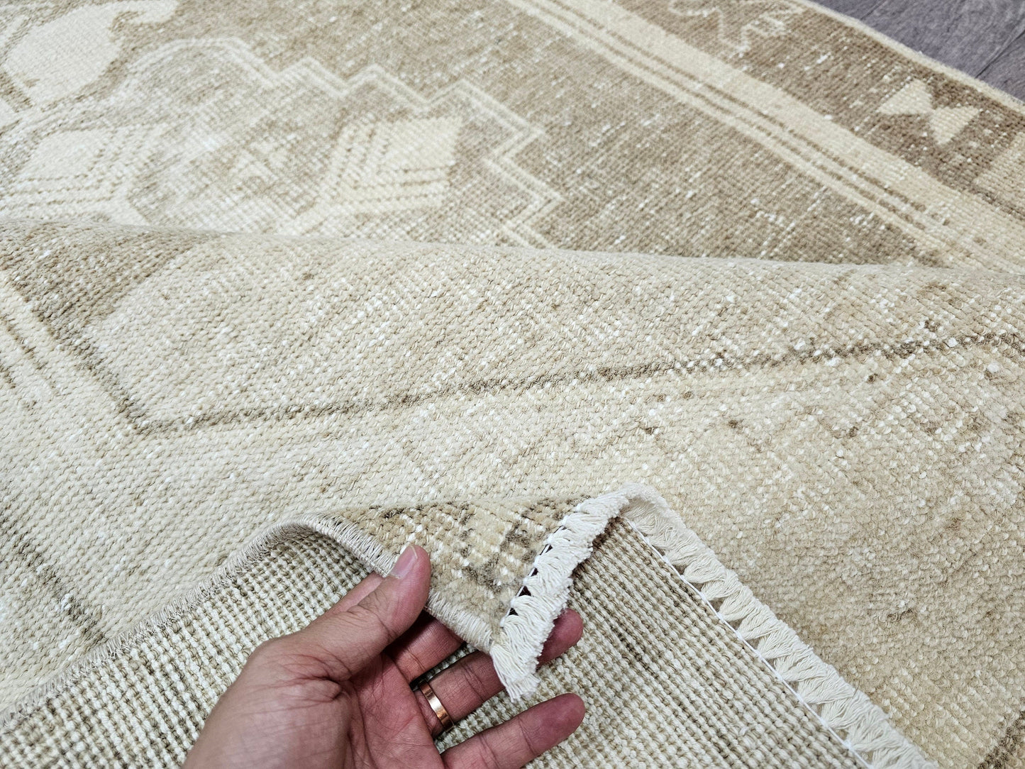 3.5x12.80 feet Wide Neutral Vintage Beige Brown Turkish Runner Rug Muted Wool Oushak Runner