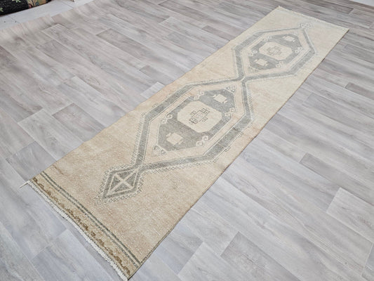 3x10 Neutral Vintage Turkish Runner Rug - Hand Knotted Wool Oushak Runner - Boho Runner Rug // 2.70x10.15 feet