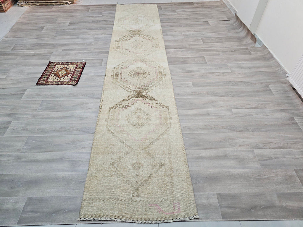 Hand Knotted Wool Turkish Runner Rug: Neutral Oushak Stair Runner (3x14 ft)