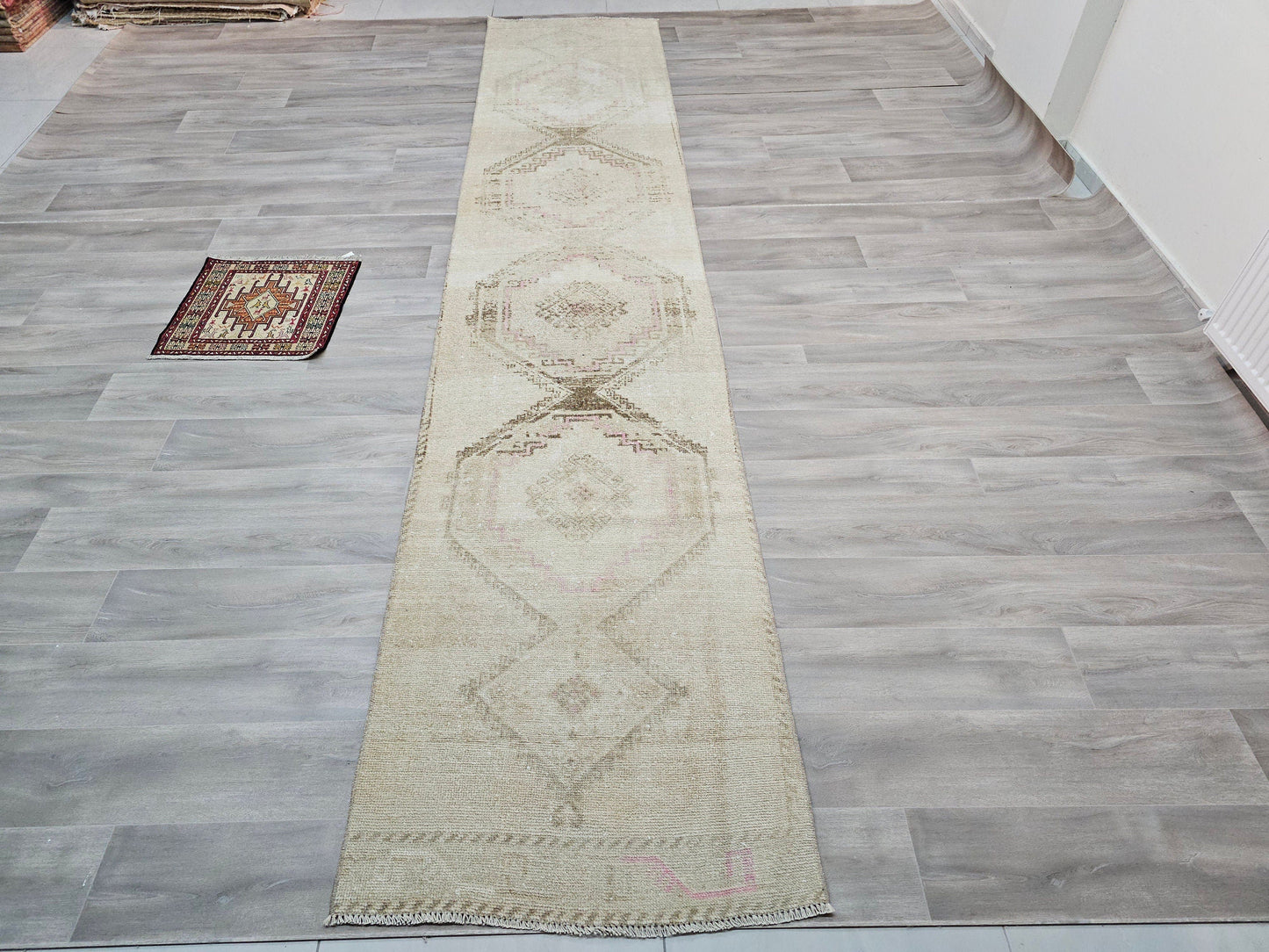 3x14 Narrow Long Neutral Turkish Runner Rug -2.85x14,1 feet - Hand Knotted Wool Runner - Distressed Oushak Runner - Stair Runner Rug