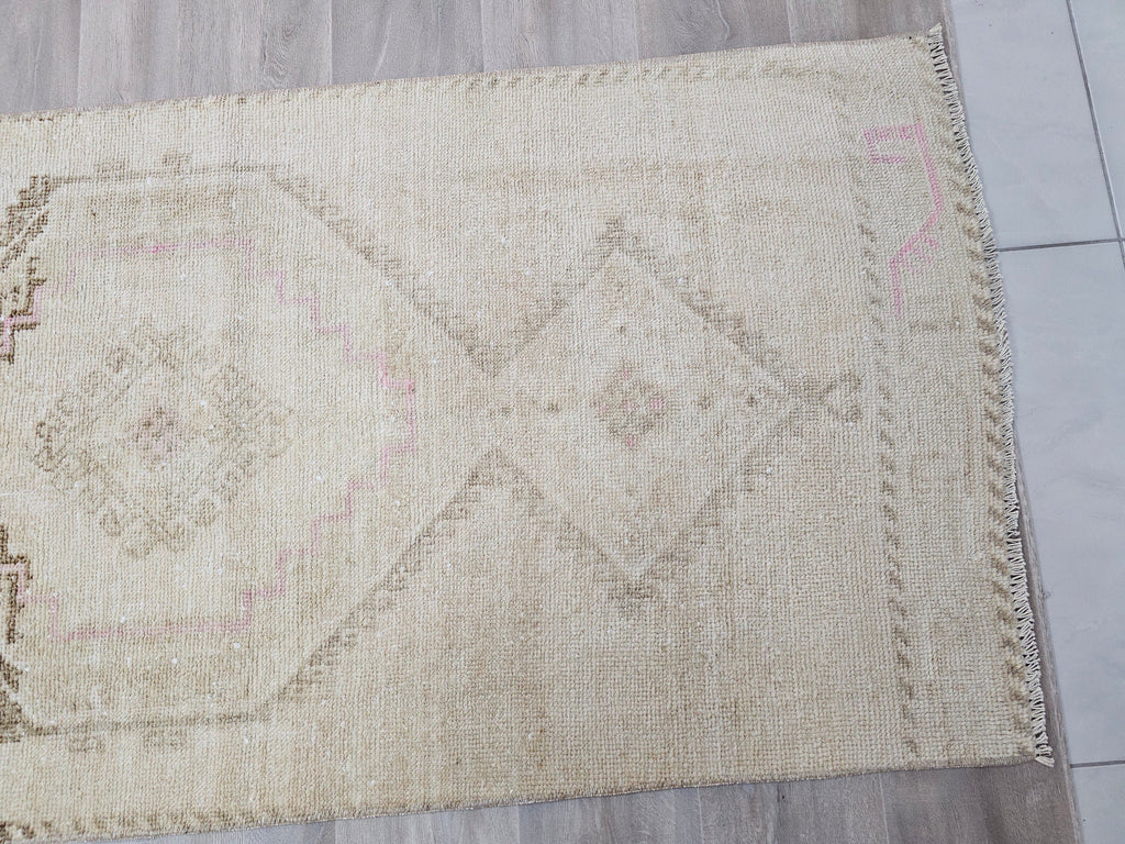 Hand Knotted Wool Turkish Runner Rug: Neutral Oushak Stair Runner (3x14 ft)