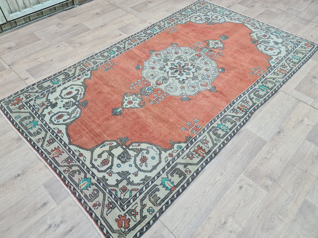 Hand Knotted Wool Turkish Rug: 5x8 Vintage Oushak Accent Rug