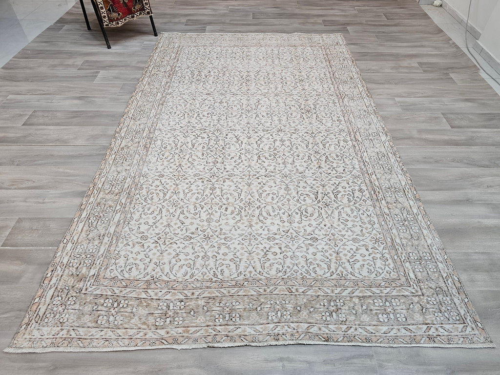 Neutral Vintage Turkish Oushak Rug: Hand-Knotted Wool, 6.2x10 ft