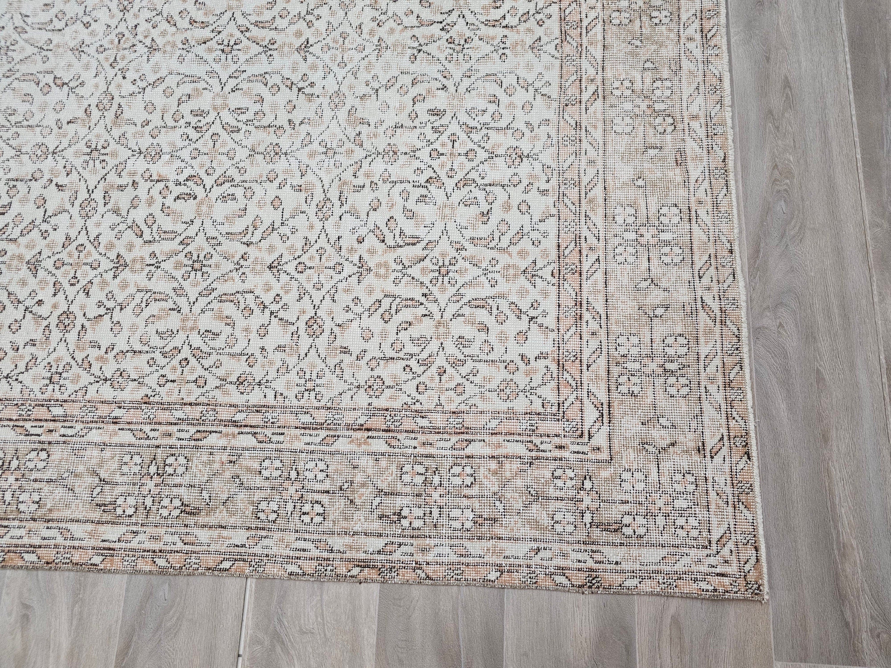 Neutral Vintage Turkish Oushak Rug: Hand-Knotted Wool, 6.2x10 ft