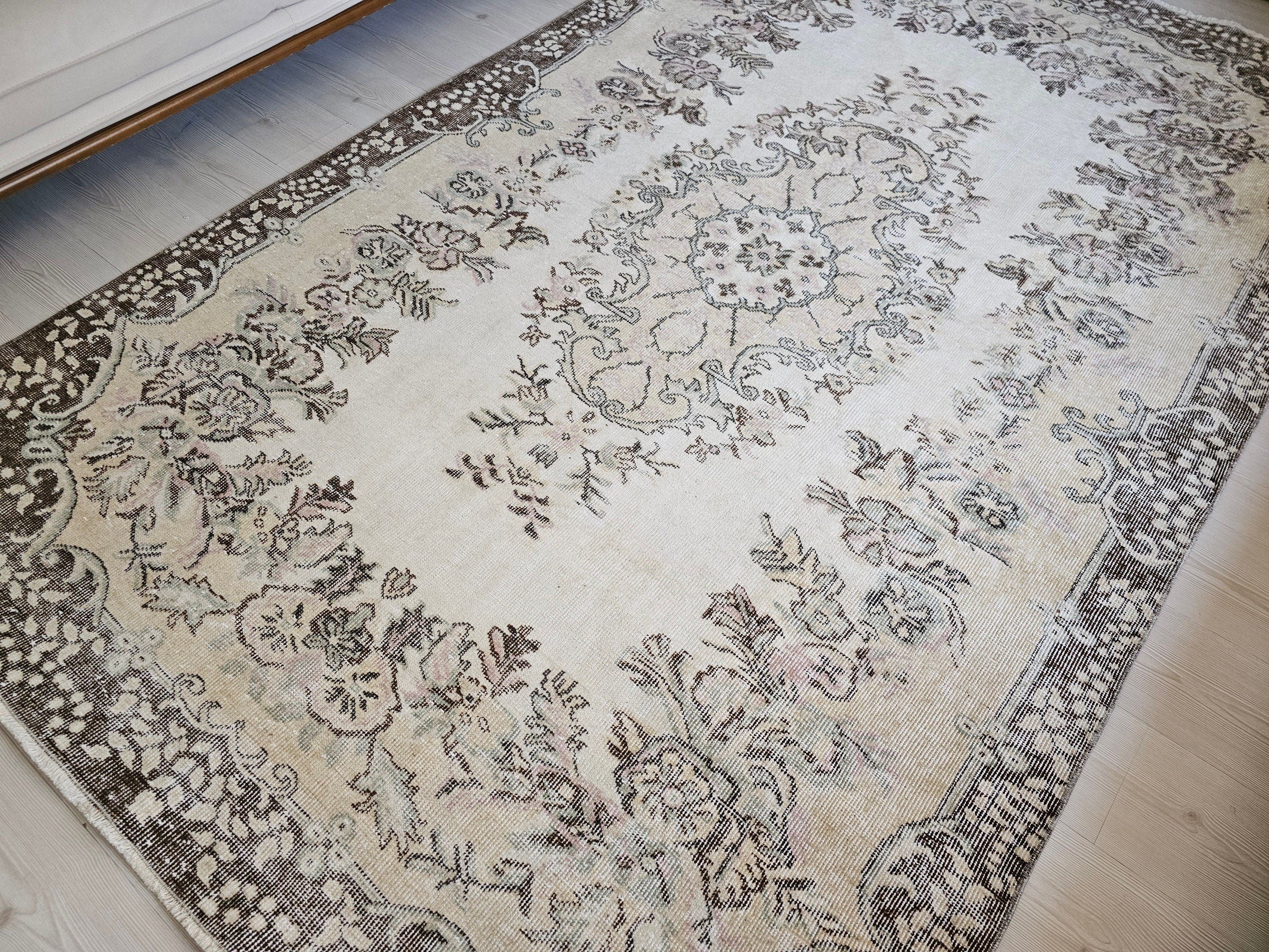 6x9 Vintage Turkish Oushak Rug: Handmade Wool Floral Area Rug