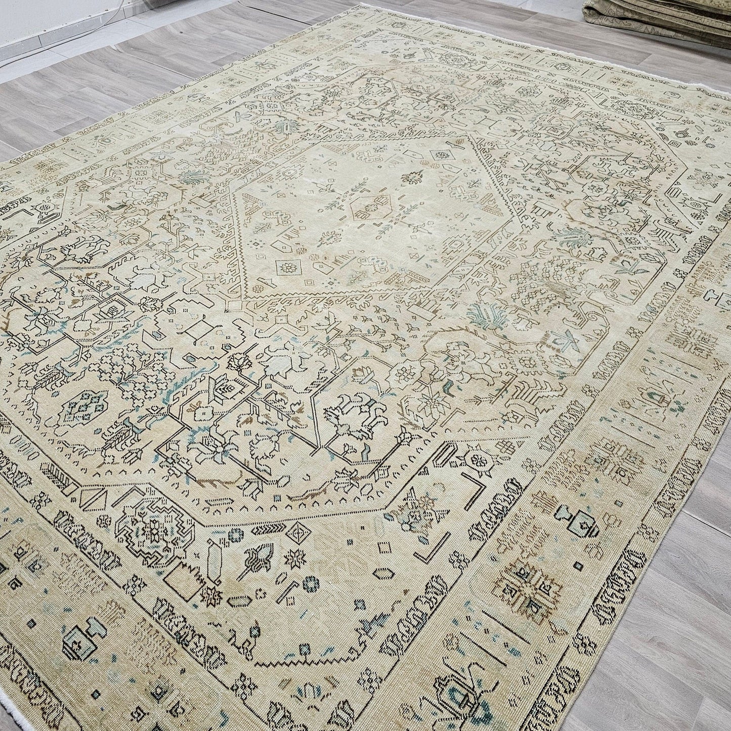 9 by  12 Hand Knotted Rug - Oversized Heriz Rug - Geometric Rug - Faded Oushak Rug  - Beige Cream Brown Mint Green Rug // 9.15x12.30 feet