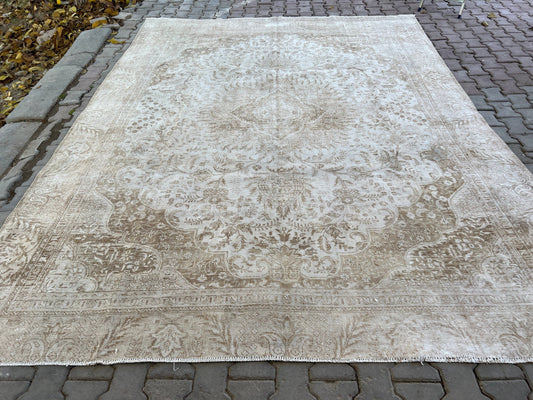 9x12 feet Neutral Area Rug for Livingroom - Oversize Vintage Turkish Rug - White Oushak Rug - Distressed Wool Rug - Boho Decor Rug