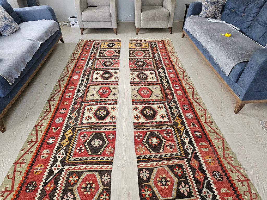 Vintage Oushak Kilim Runner Rug: Double Wing Anatolian Wool Rug
