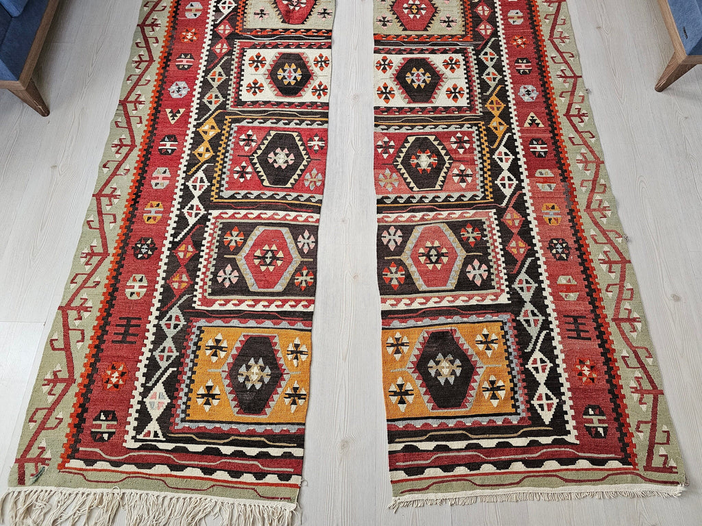 Vintage Oushak Kilim Runner Rug: Double Wing Anatolian Wool Rug