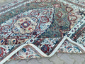 Large Vintage Persian Wool Rug 9x13: Green, White Medallion