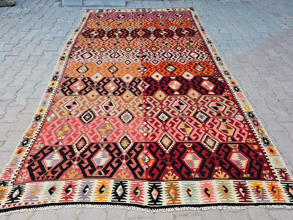 Handmade Vintage Turkish Kilim Rug: Large Bohemian Area Carpet (6.50x11.60 Feet)