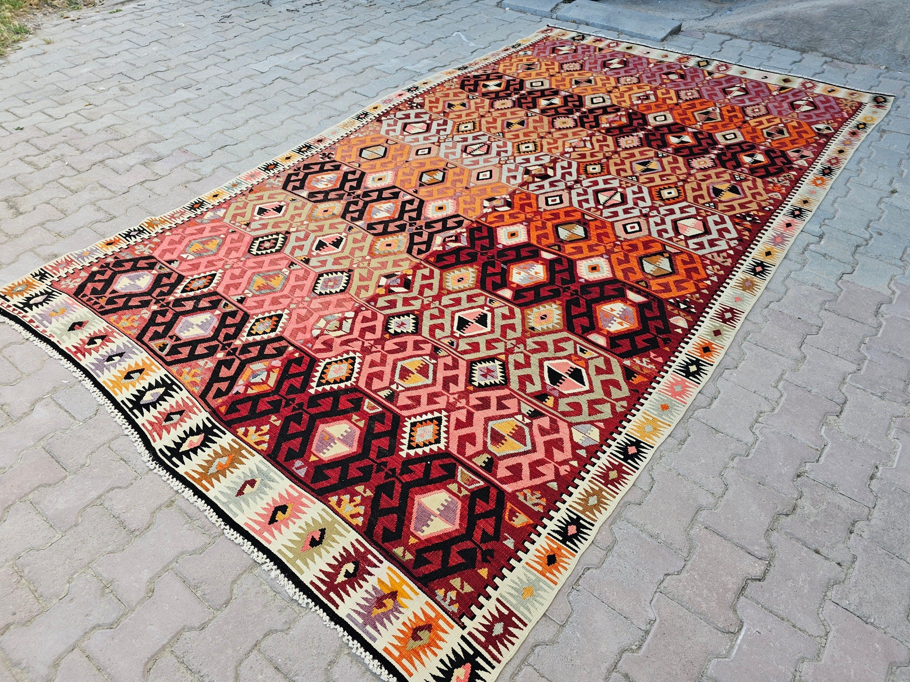 Handmade Vintage Turkish Kilim Rug: Large Bohemian Area Carpet (6.50x11.60 Feet)