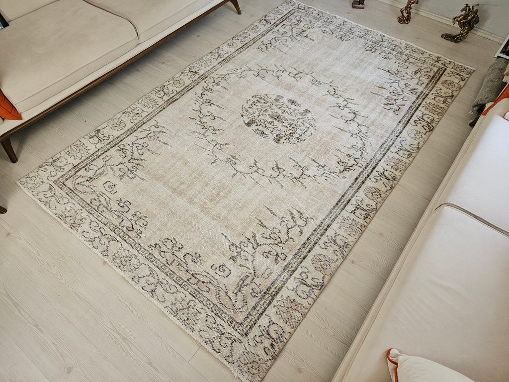 Hand Knotted Wool Turkish Oushak Rug 6x9: Neutral Boho Area Rug