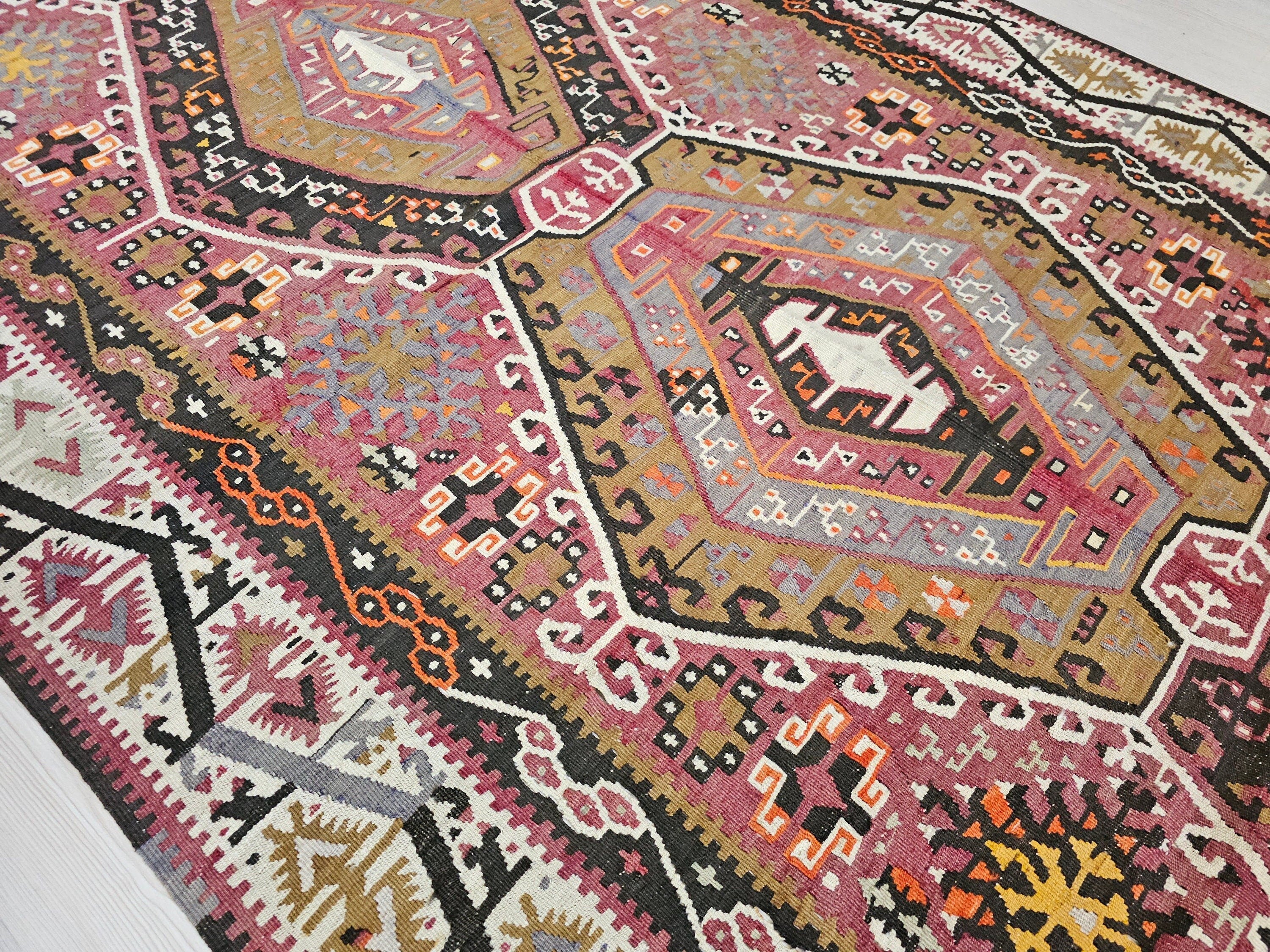 Vintage Turkish Kilim Rug: Traditional Tribal Woven Rug (5.20x11.40 feet)