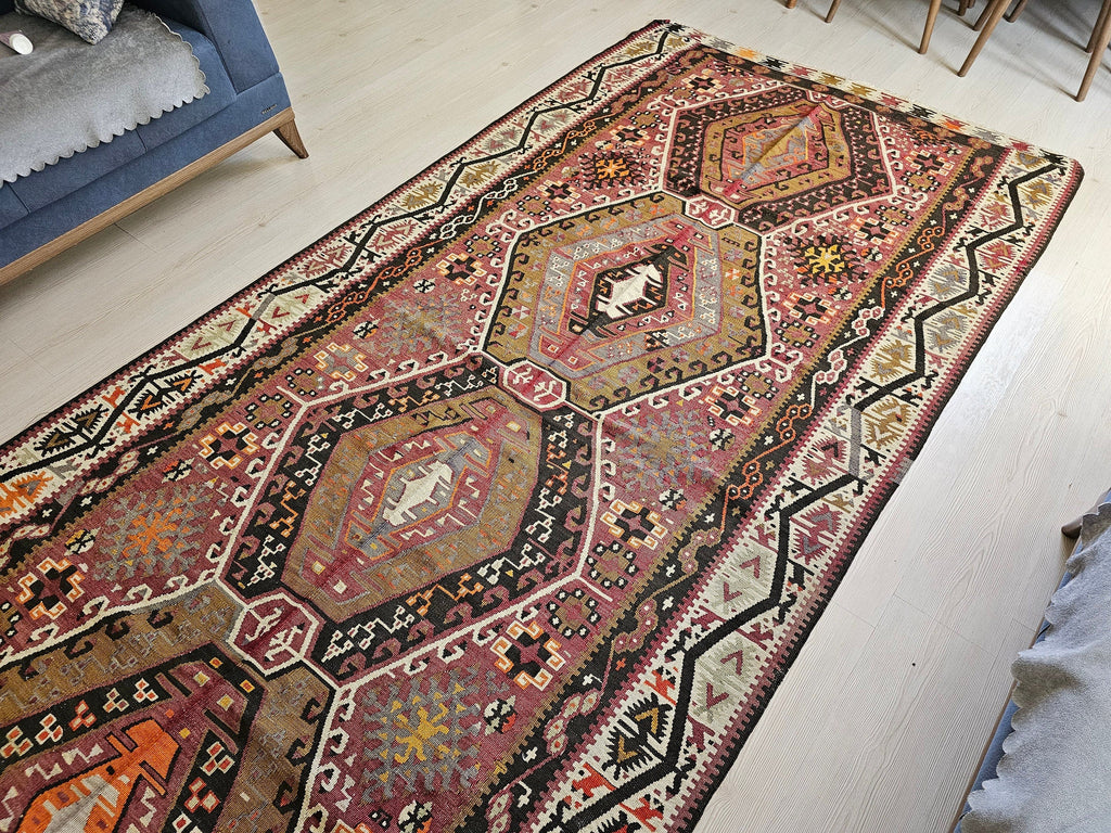 Vintage Turkish Kilim Rug: Traditional Tribal Woven Rug (5.20x11.40 feet)