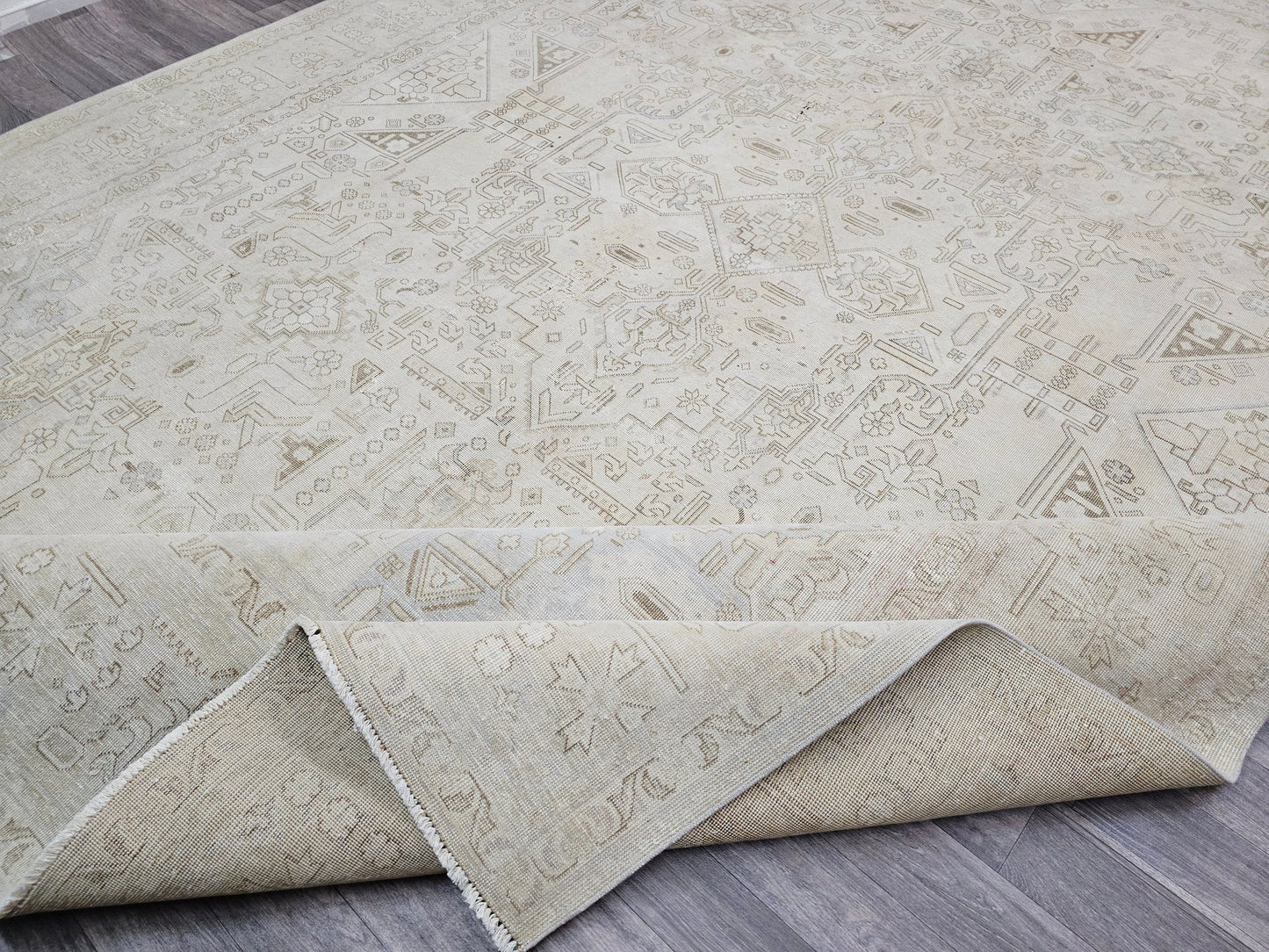 9x12 Distressed Oversize Neutral Persian Rug | Geometric Heriz Design | Hand Knotted Area Rug