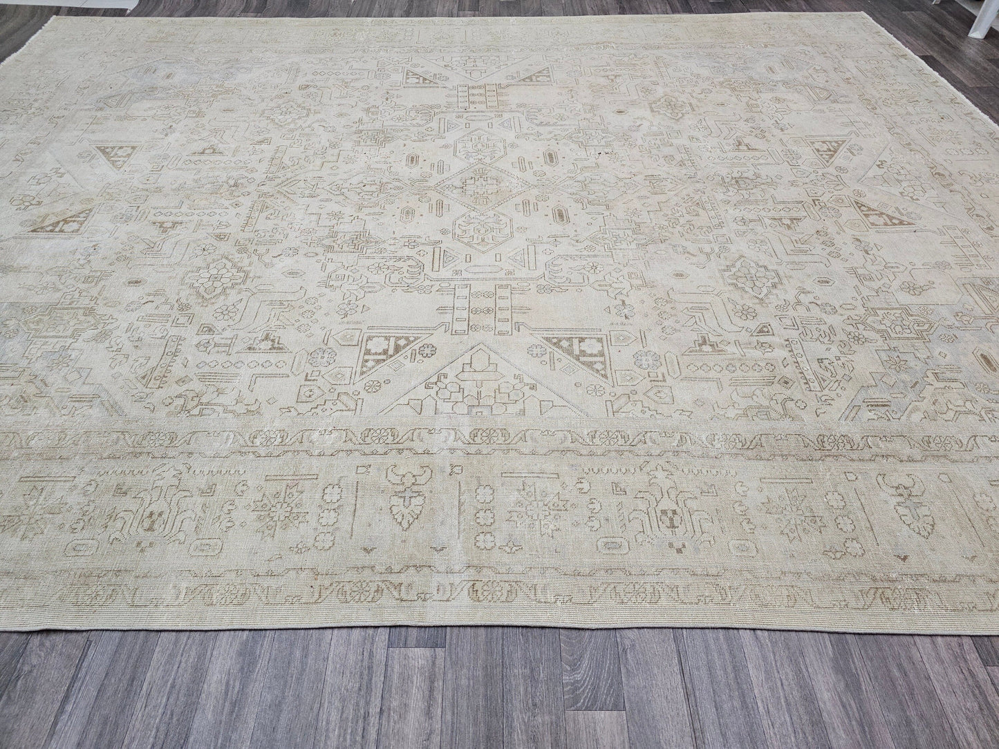 9x12 Distressed Oversize Neutral Persian Rug | Geometric Heriz Design | Hand Knotted Area Rug