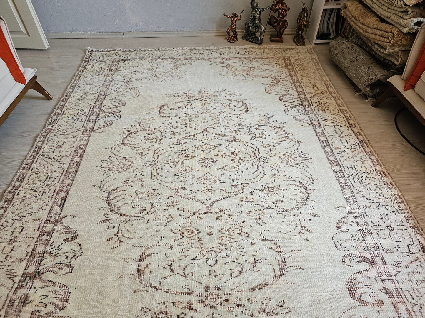 Neutral Vintage Turkish Area Rug 6.1x9.5 Feet | Handmade Wool Turkish Carpet | Large Bohemian Rug | Soft Neutral Tones