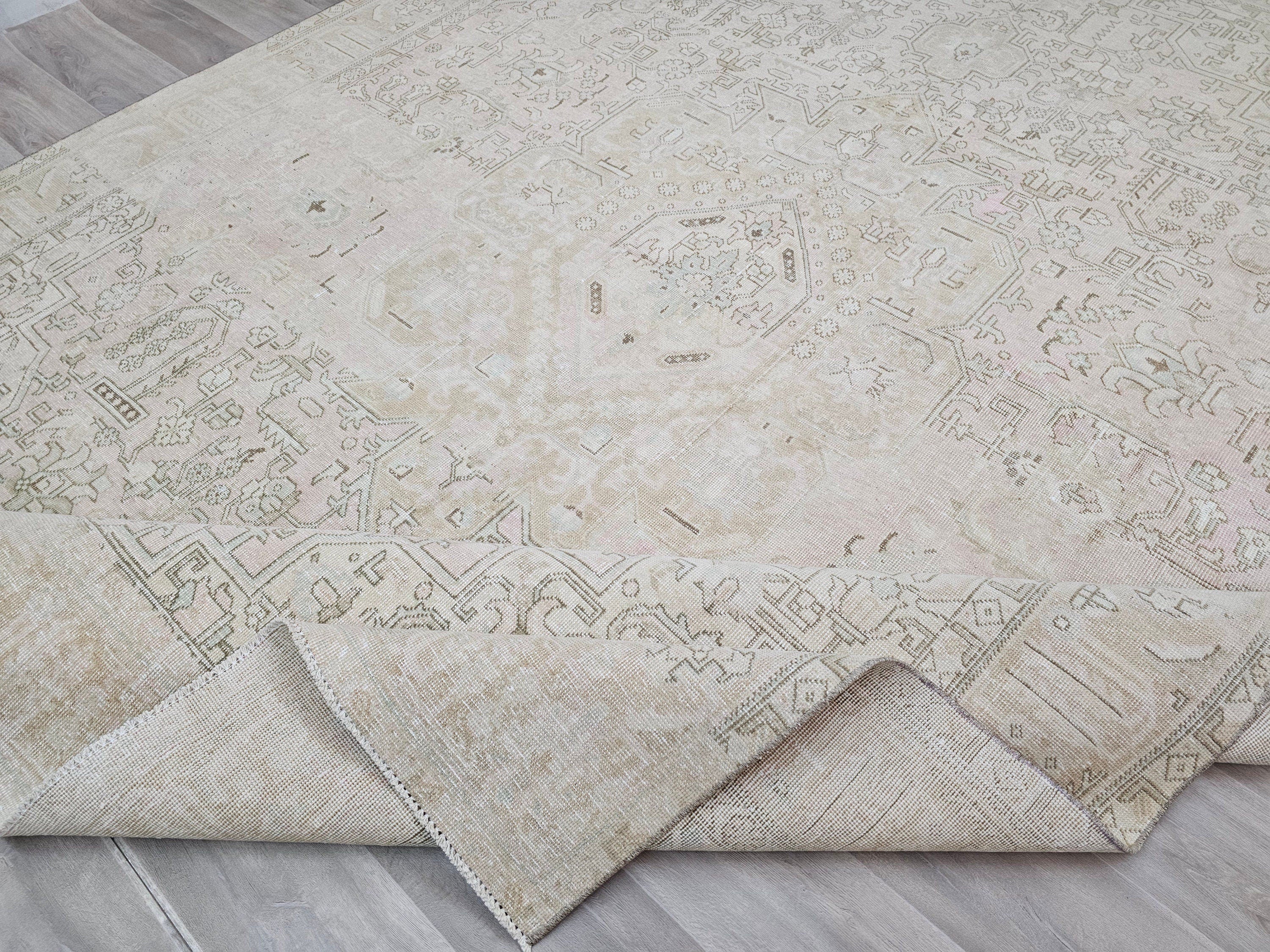 Neutral Handwoven Vintage Wool Rug - 9.50x12.15 feet | Large Area Carpet