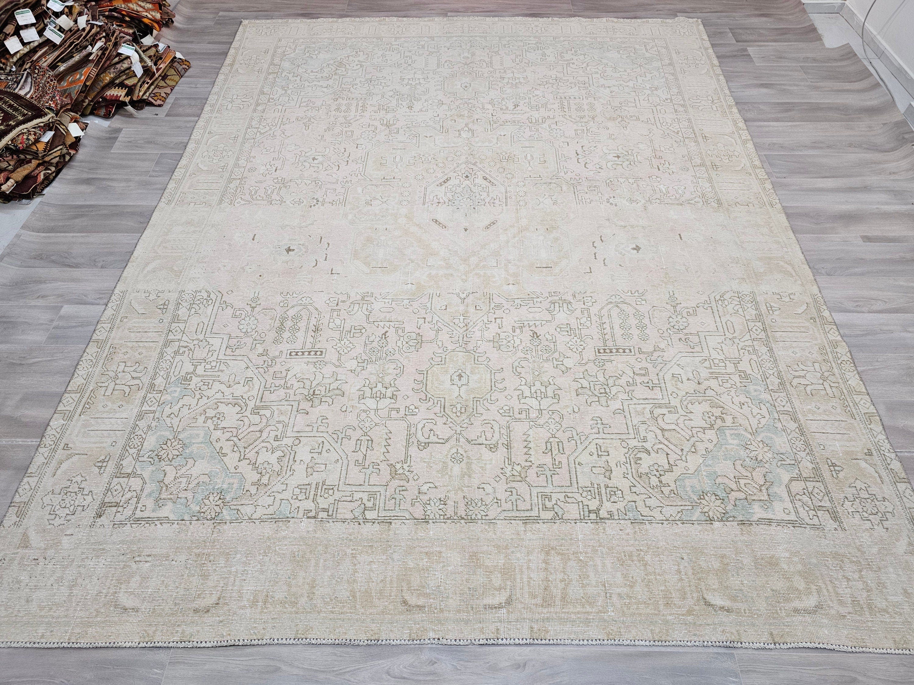 Neutral Handwoven Vintage Wool Rug - 9.50x12.15 feet | Large Area Carpet