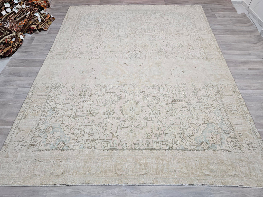 Neutral Handwoven Vintage Wool Rug - 9.50x12.15 feet | Large Area Carpet