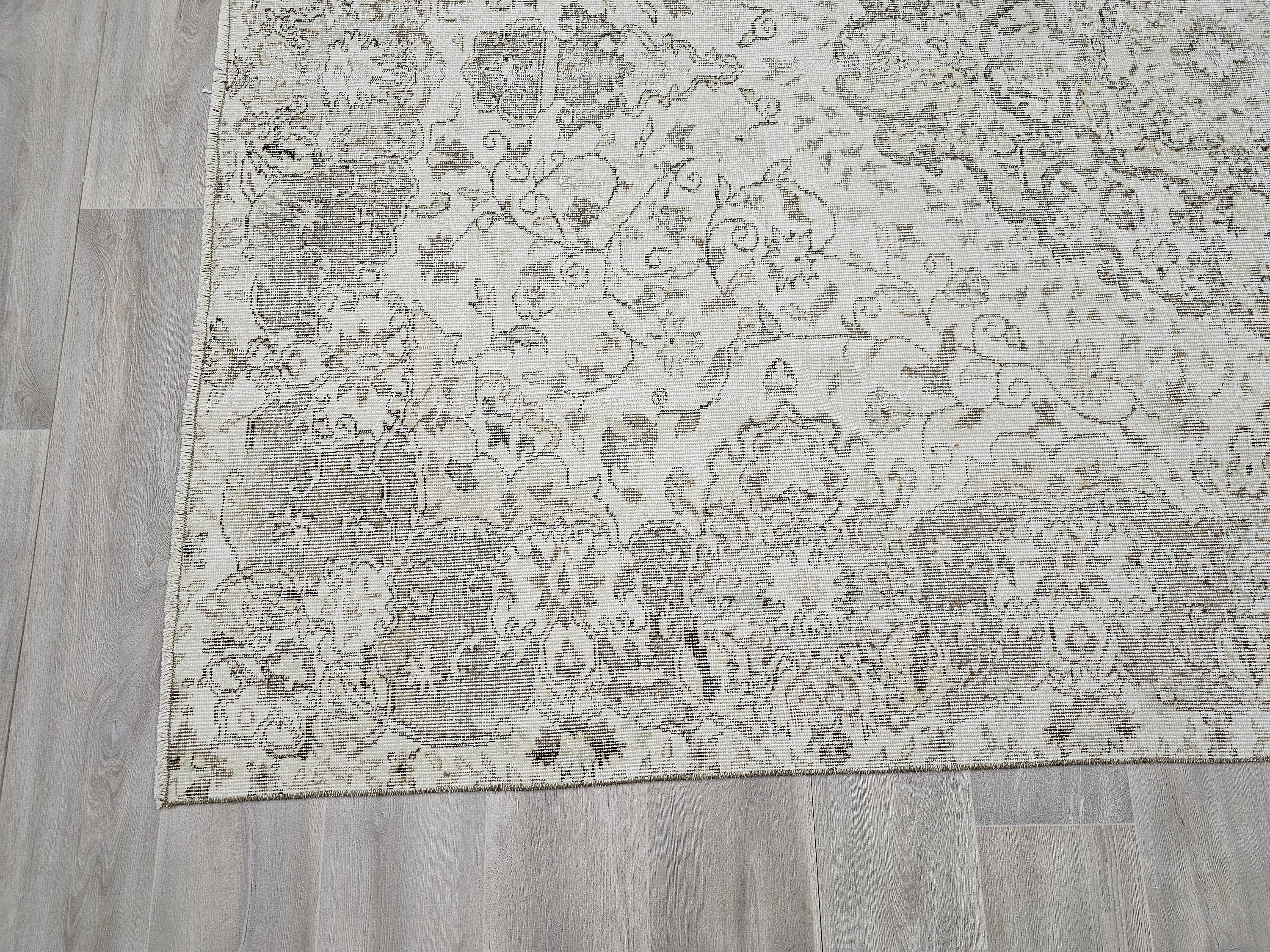 Hand Knotted Wool Oushak Rug: Neutral Vintage Turkish Rug (6.70x9.55 ft)