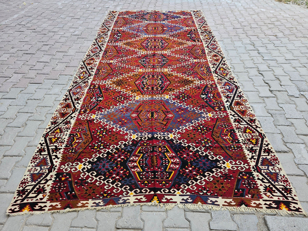 Vintage Turkish Kilim Rug: 6.40x13 ft, Hand-Woven Wool Oushak Rug