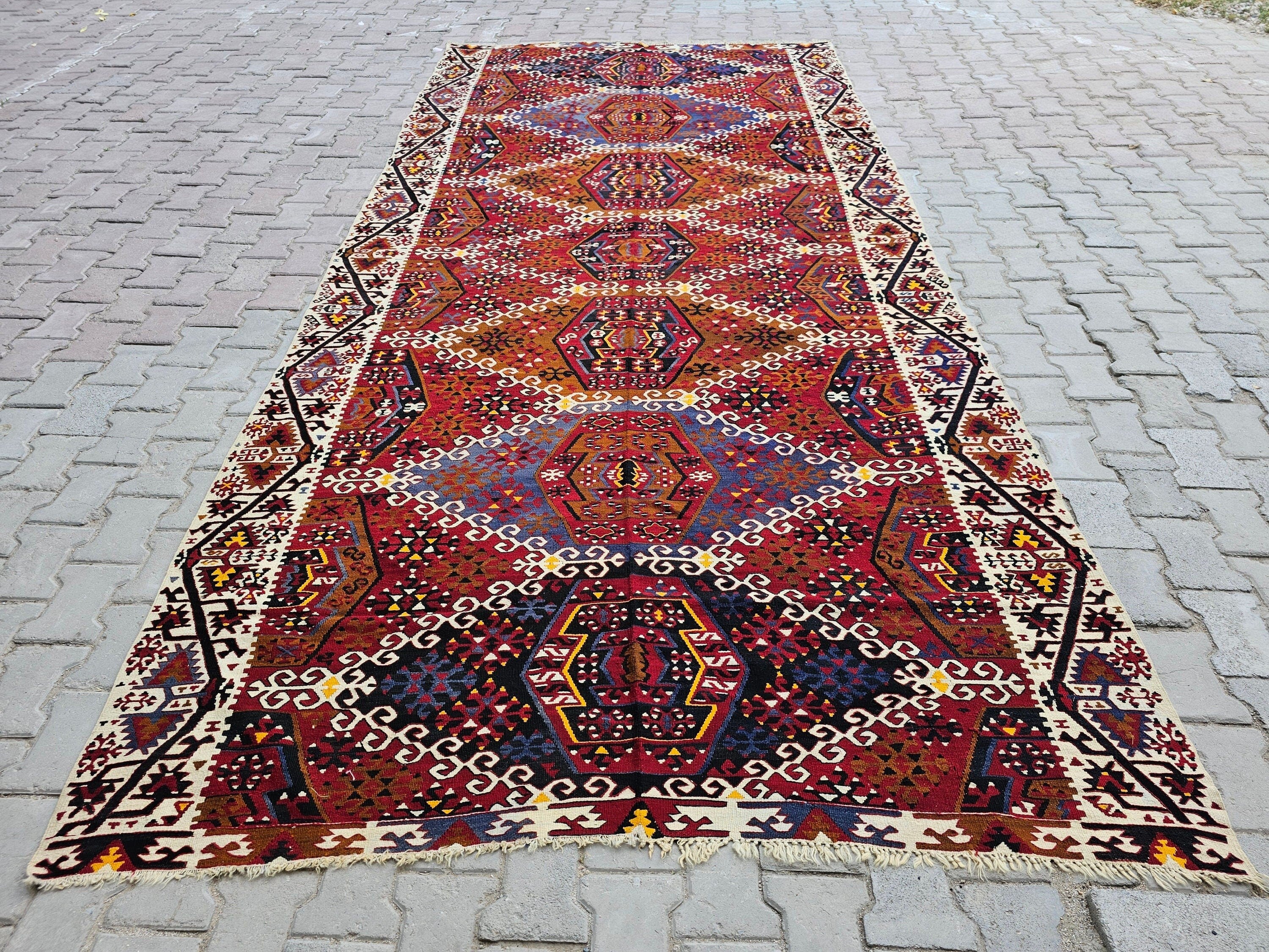 Vintage Turkish Kilim Rug: 6.40x13 ft, Hand-Woven Wool Oushak Rug