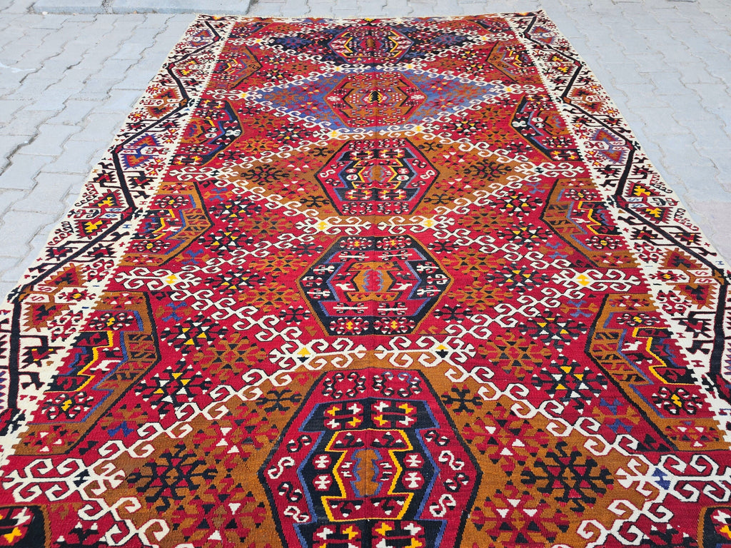 Vintage Turkish Kilim Rug: 6.40x13 ft, Hand-Woven Wool Oushak Rug