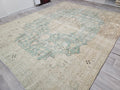 Oversize Hand-Knotted Wool Turkish Rug: Beige & Sage Green Oushak (9.80x12.20 ft)