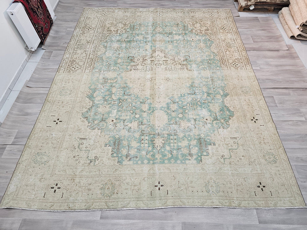 Oversize Hand-Knotted Wool Turkish Rug: Beige & Sage Green Oushak (9.80x12.20 ft)