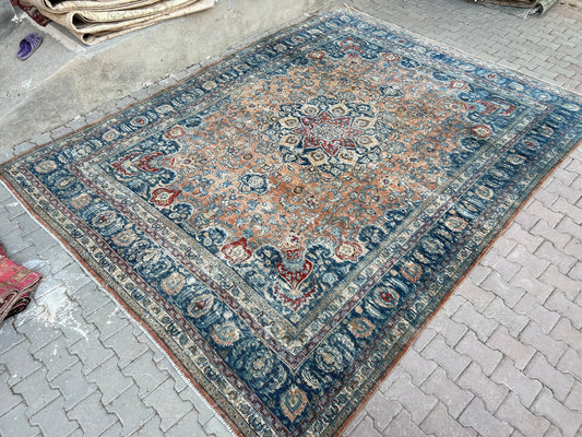 10x12 Vintage Turkish Rug/ Oversize Area Rug/ Large Wool Rug/ Authentic Carpet/ Saloon Rug/ Rust and Navy Blue Color Rug/9.60x12.50 feet