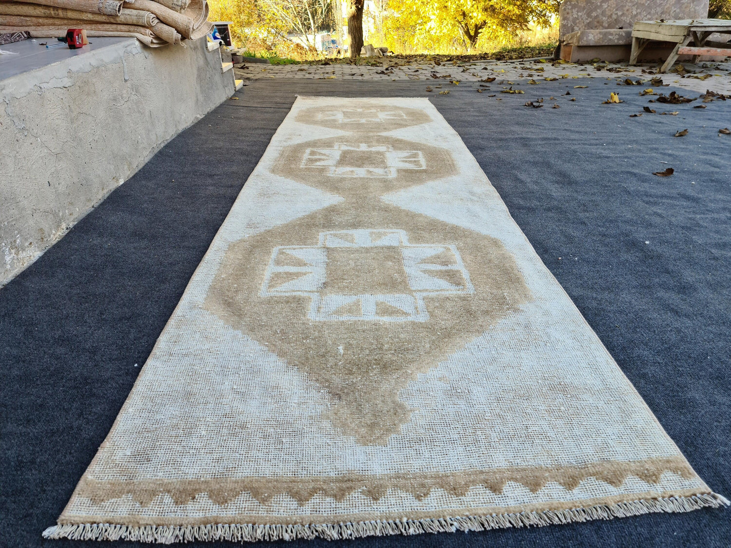 3.28X12.66 feet Hand Knotted Oushak Runner - Wide Neutral Turkish Runner - Vintage Hallway Runner - Boho Kitchen Runner - Distressed runner