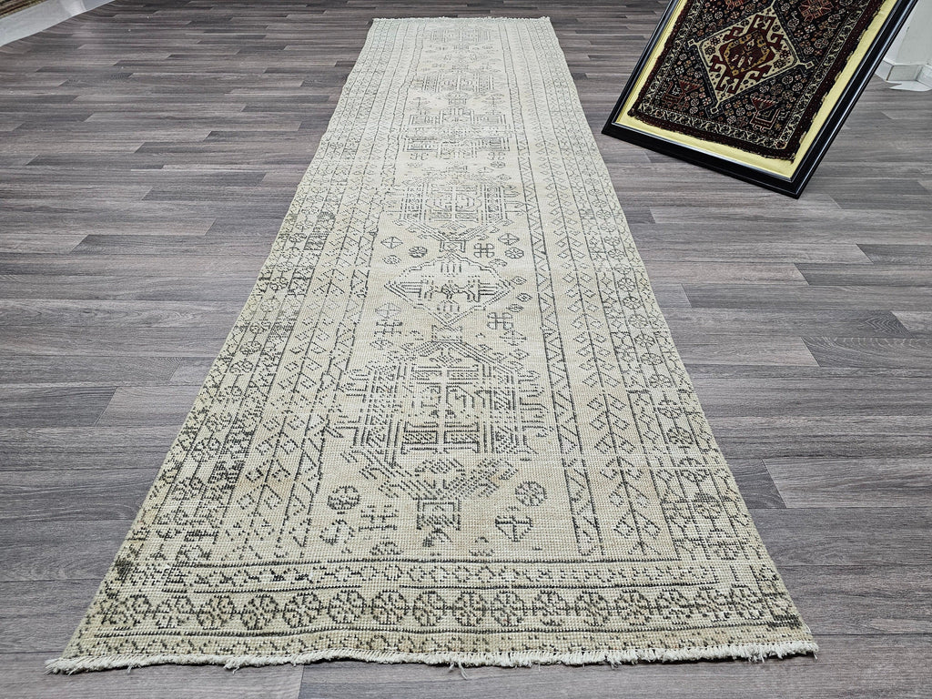 Vintage Oushak Runner Rug: 3x12 Hand-Knotted Wool Turkish Hallway Rug