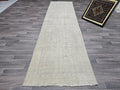 Neutral Turkish Oushak Runner Rug: Vintage Wool Hallway Carpet (3.30x11.90 feet)