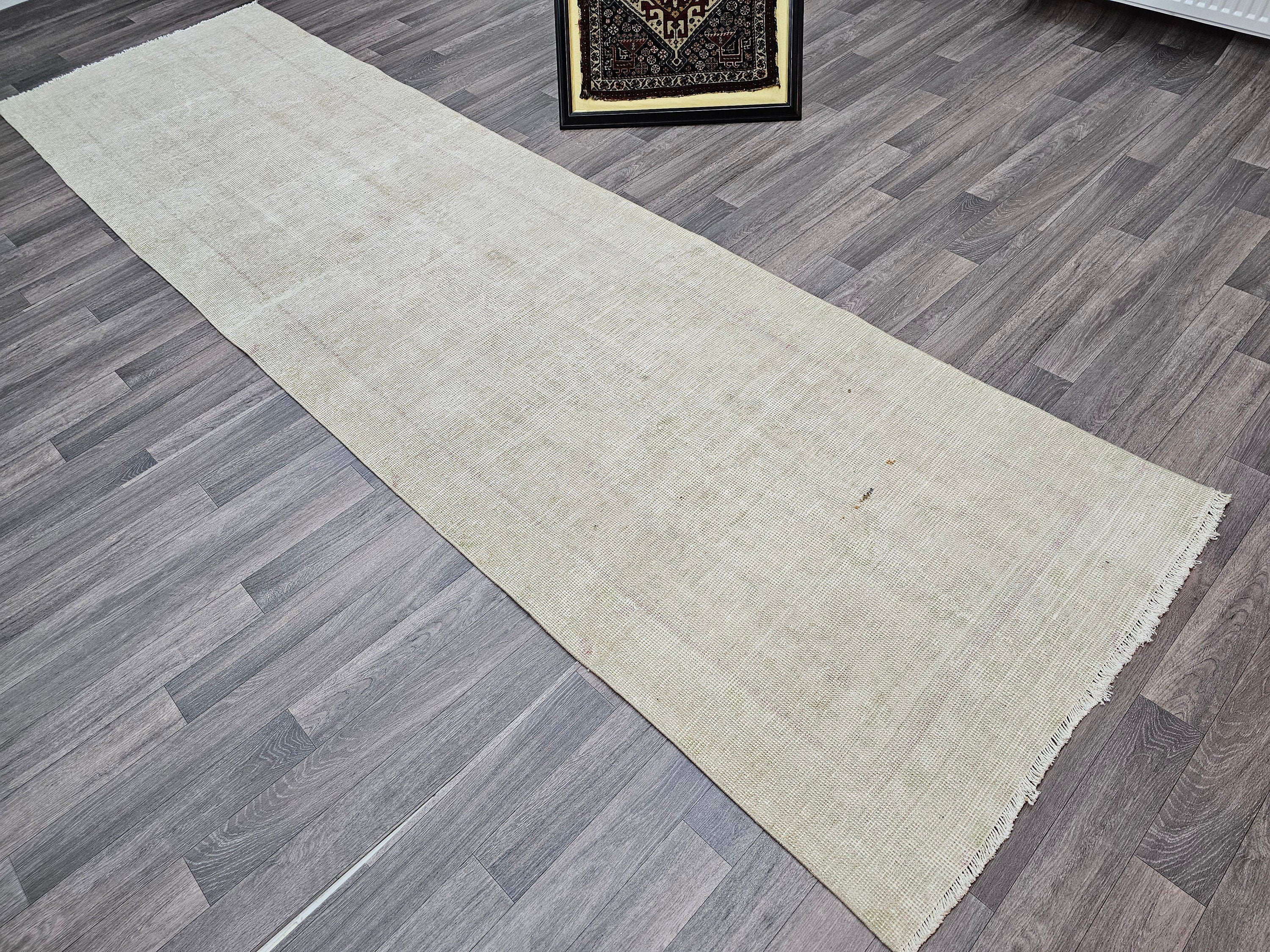 Neutral Turkish Oushak Runner Rug: Vintage Wool Hallway Carpet (3.30x11.90 feet)
