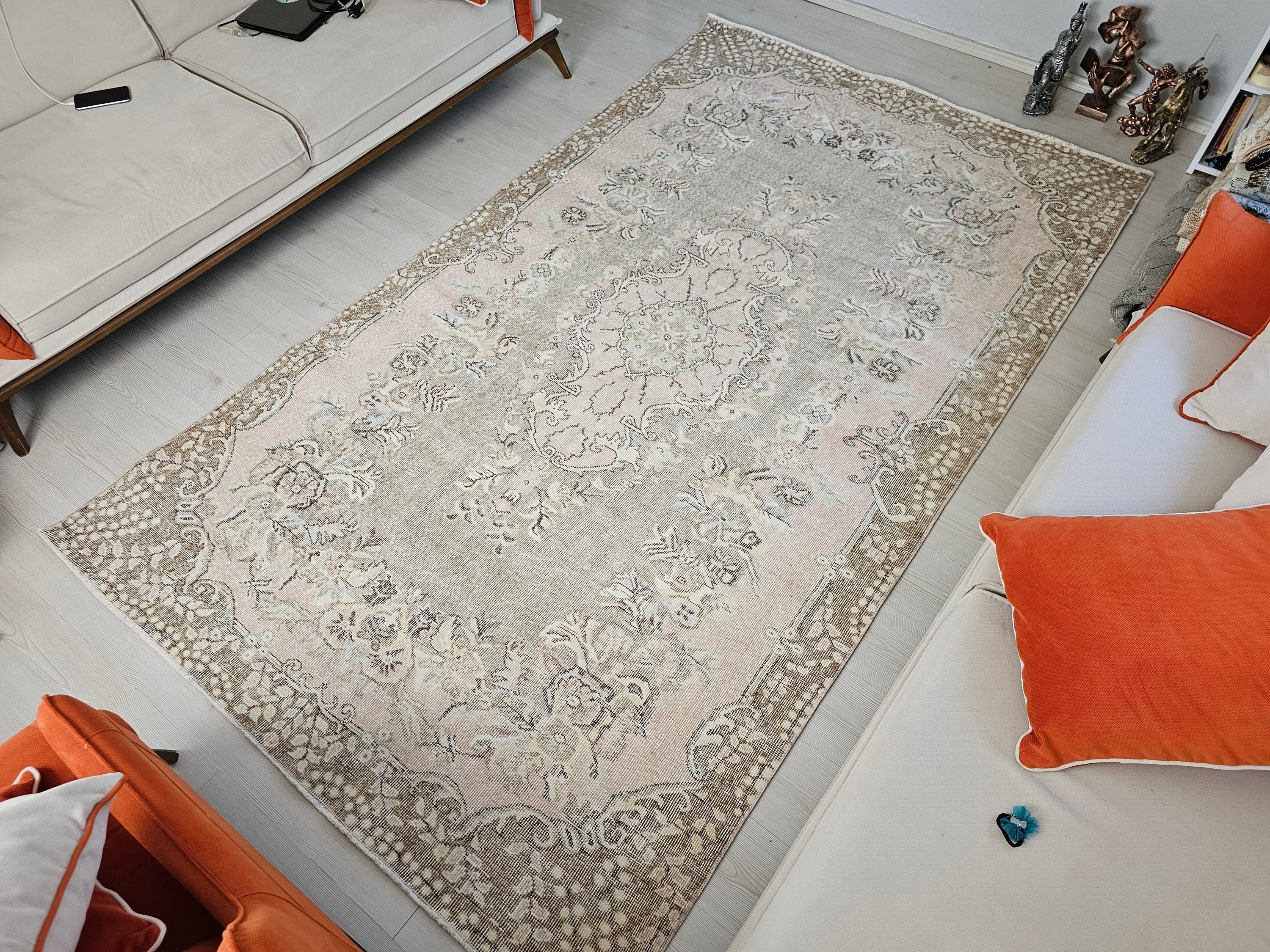 Vintage Turkish Wool Rug: 6x10 Floral Oushak Rug, Hand-Knotted
