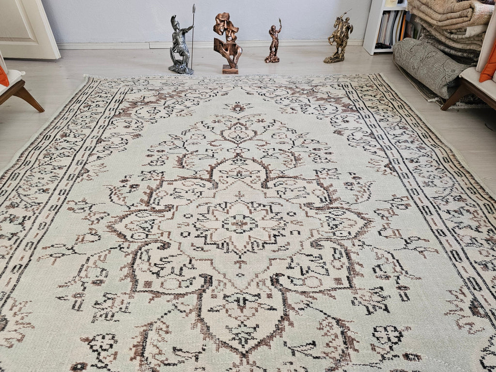 Handmade Wool Turkish Rug: 6x9 Neutral Vintage Area Rug