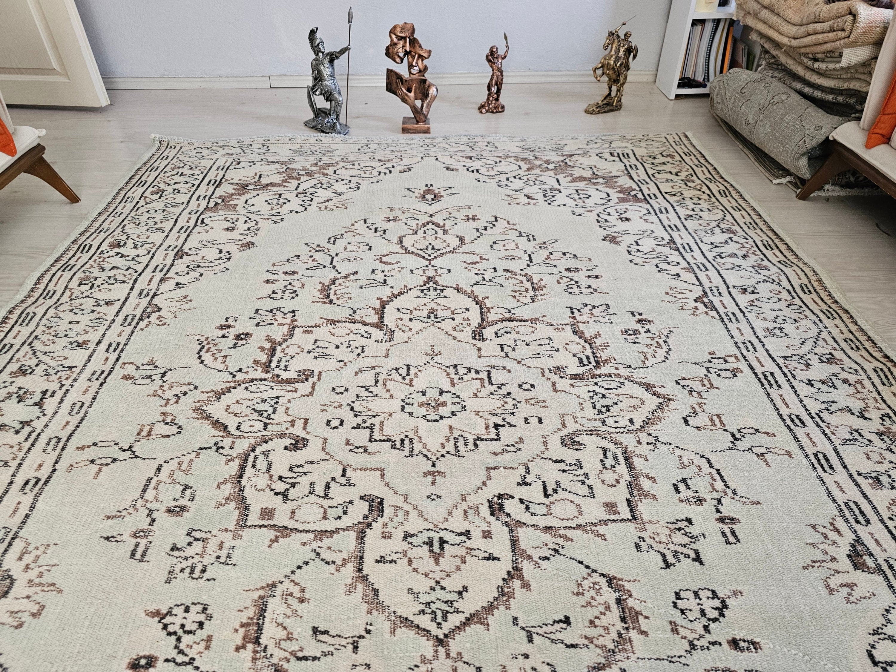 Handmade Wool Turkish Rug: 6x9 Neutral Vintage Area Rug