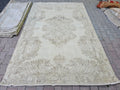6x9 Vintage Turkish Oushak Rug: Cream Wool Area Rug