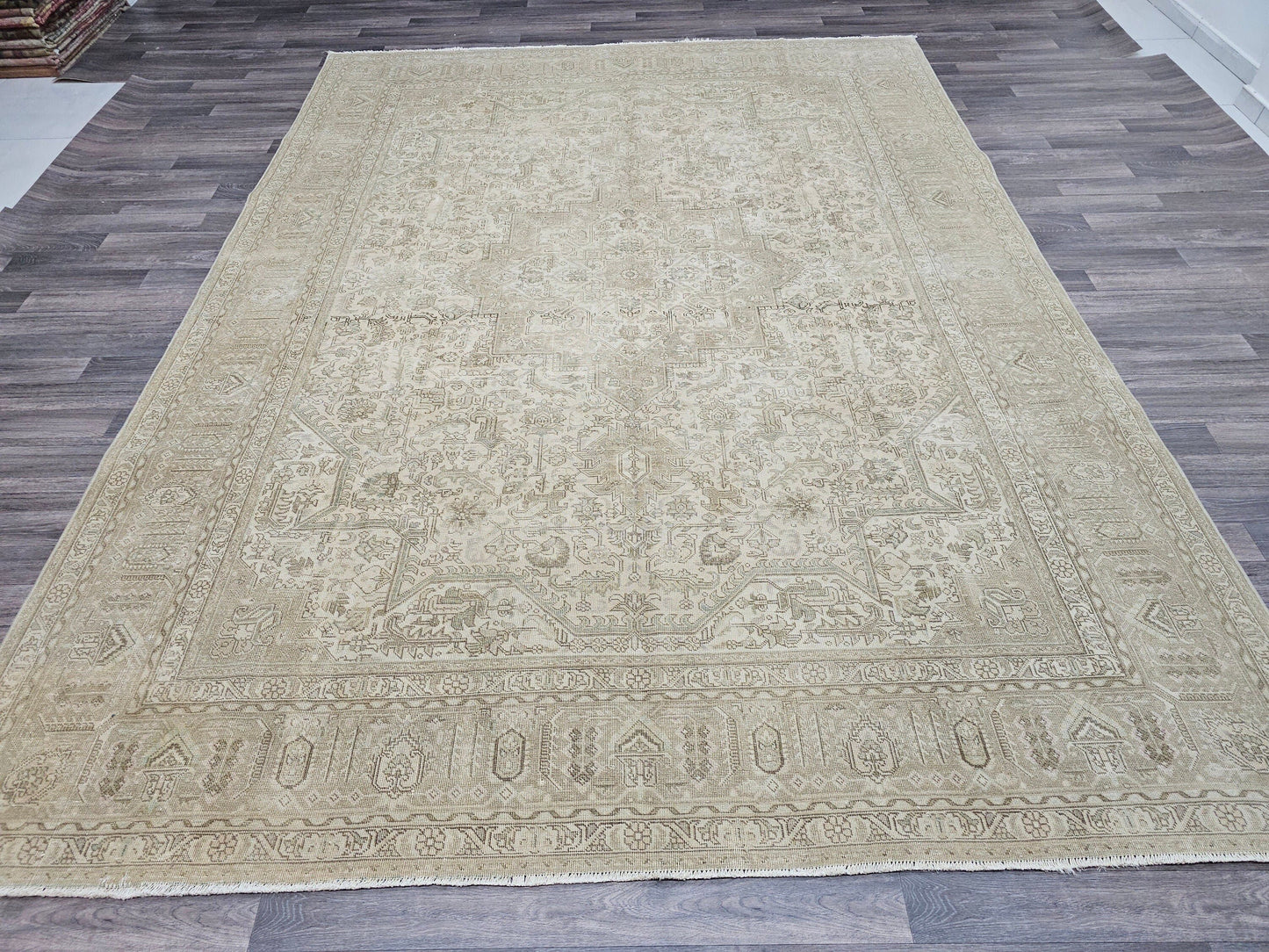 Reserved-8x11 Neutral Vintage Hand Knotted Turkish Area Rug Geometric Beige Brown