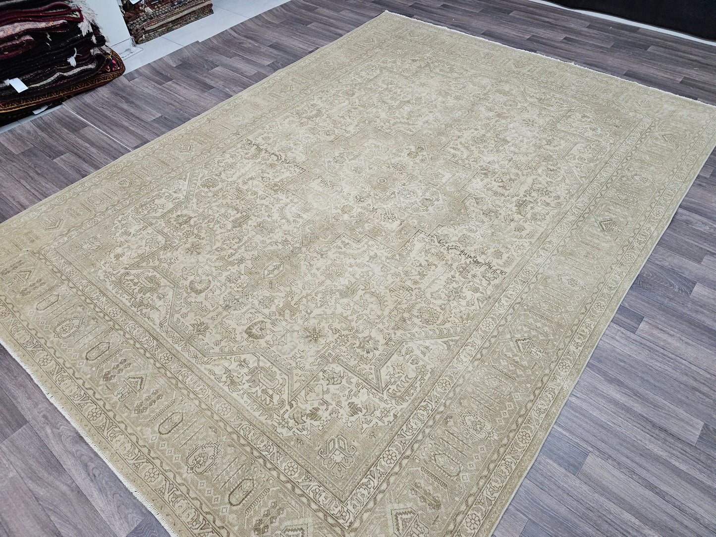 Reserved-8x11 Neutral Vintage Hand Knotted Turkish Area Rug Geometric Beige Brown